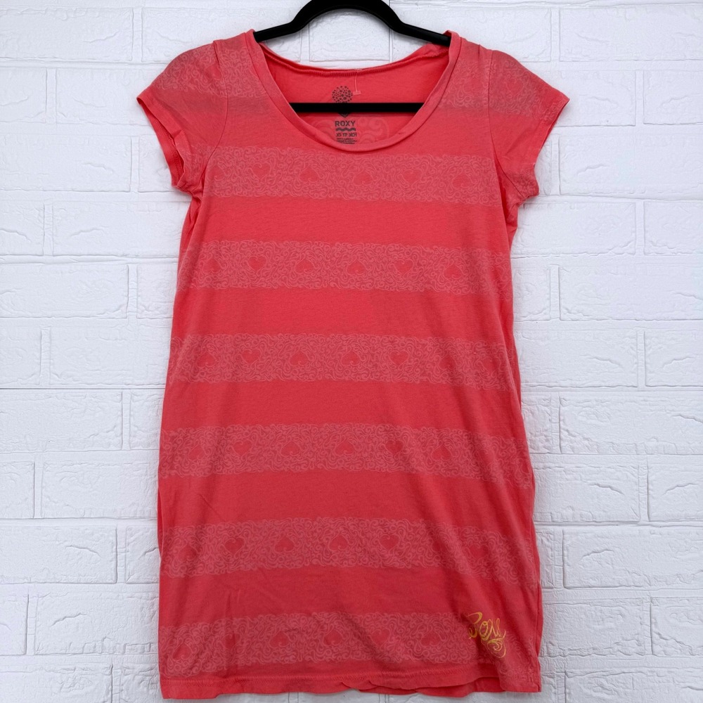 Roxy T-Shirt Dress Women XS Pink Striped Heart Graphic Short Sleeve Scoop Neck